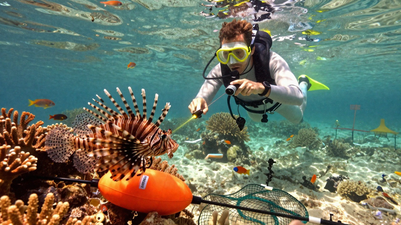 Mergulhador observa peixe-leão próximo a recife de corais em águas claras e rasas.
