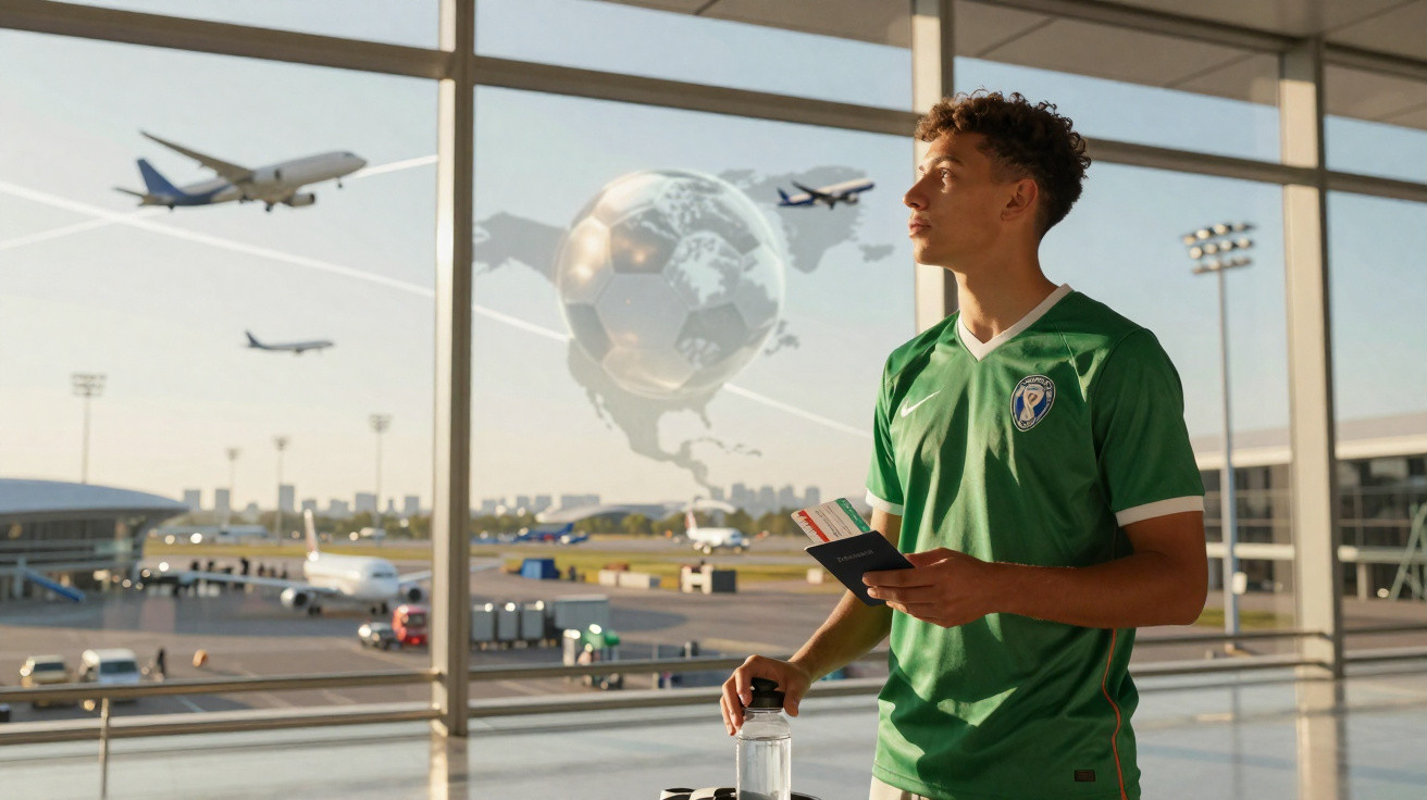 Jovem com camisa verde segura passaporte e bilhete em aeroporto com aviões decolando ao fundo.