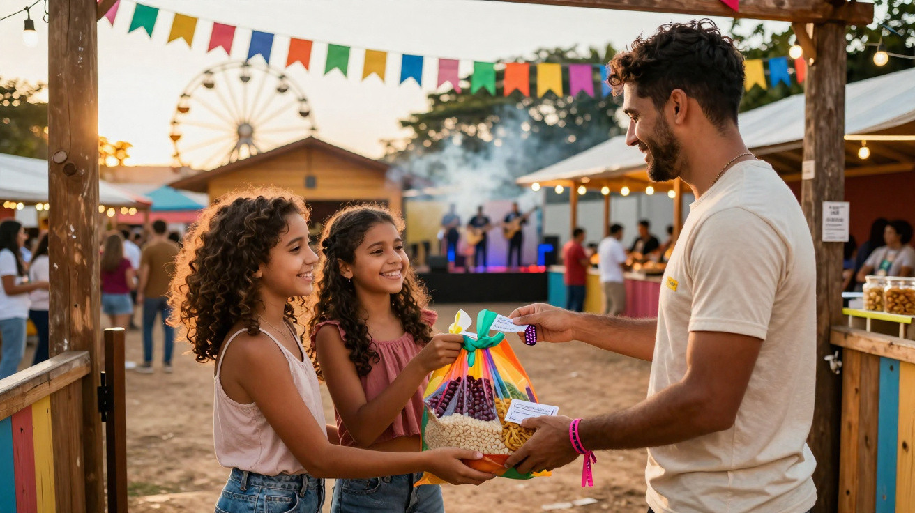 Homem entrega cesta de comidas típicas a duas meninas em festa ao ar livre com decoração colorida.