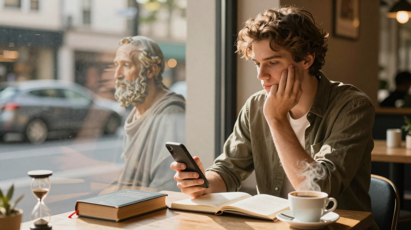 Jovem sentado em cafeteria lendo livro, vendo smartphone, com estátua antiga refletida na janela ao fundo.
