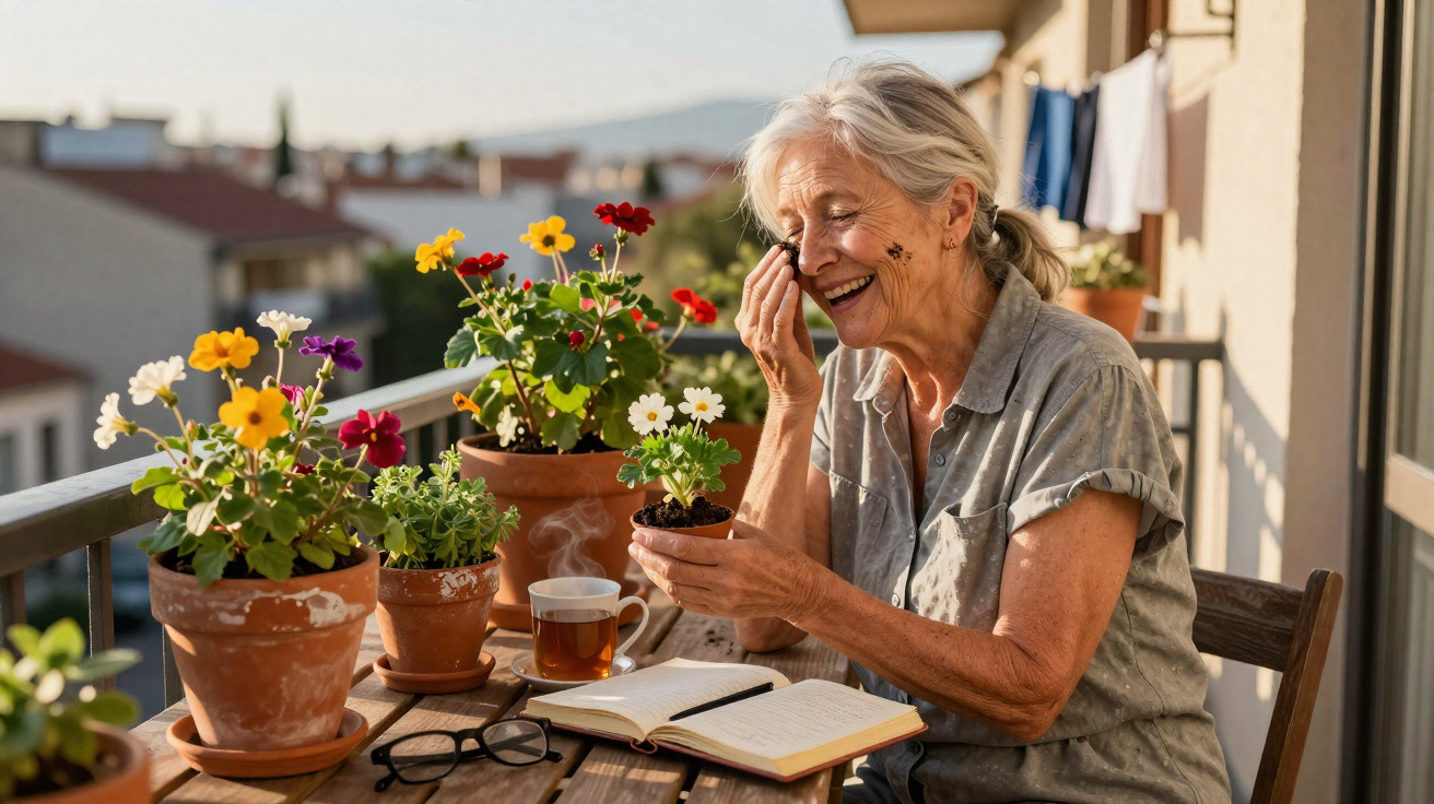 Idosa sorrindo enquanto cuida de flores em vasos no terraço com chá e livro sobre a mesa.