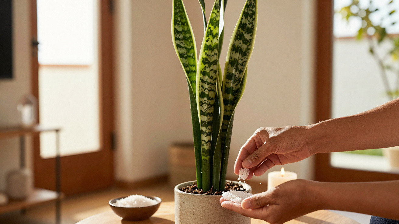 Mãos adicionando sais de banho ao solo de uma planta em vaso em ambiente interno iluminado pela luz natural.
