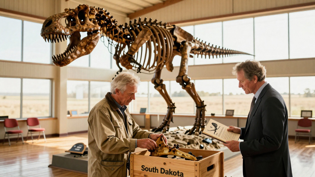 Dois homens em museu com esqueleto de dinossauro e caixa de fósseis com texto South Dakota.