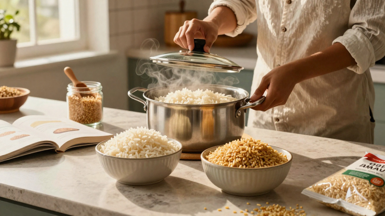 Pessoa retirando tampa de panela com arroz cozido sobre bancada com bowls de arroz cru e cozido.