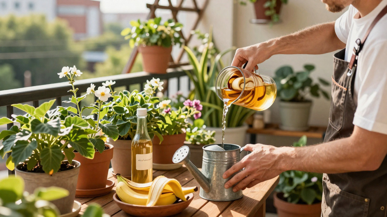 Homem regando plantas em vasos em uma varanda ensolarada com regador metálico.