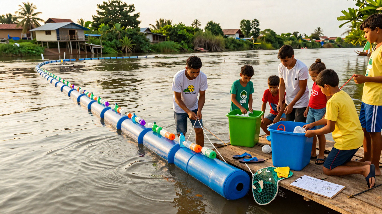 Grupo de crianças e um adulto pescando em rio com boias azuis e casas ao fundo.