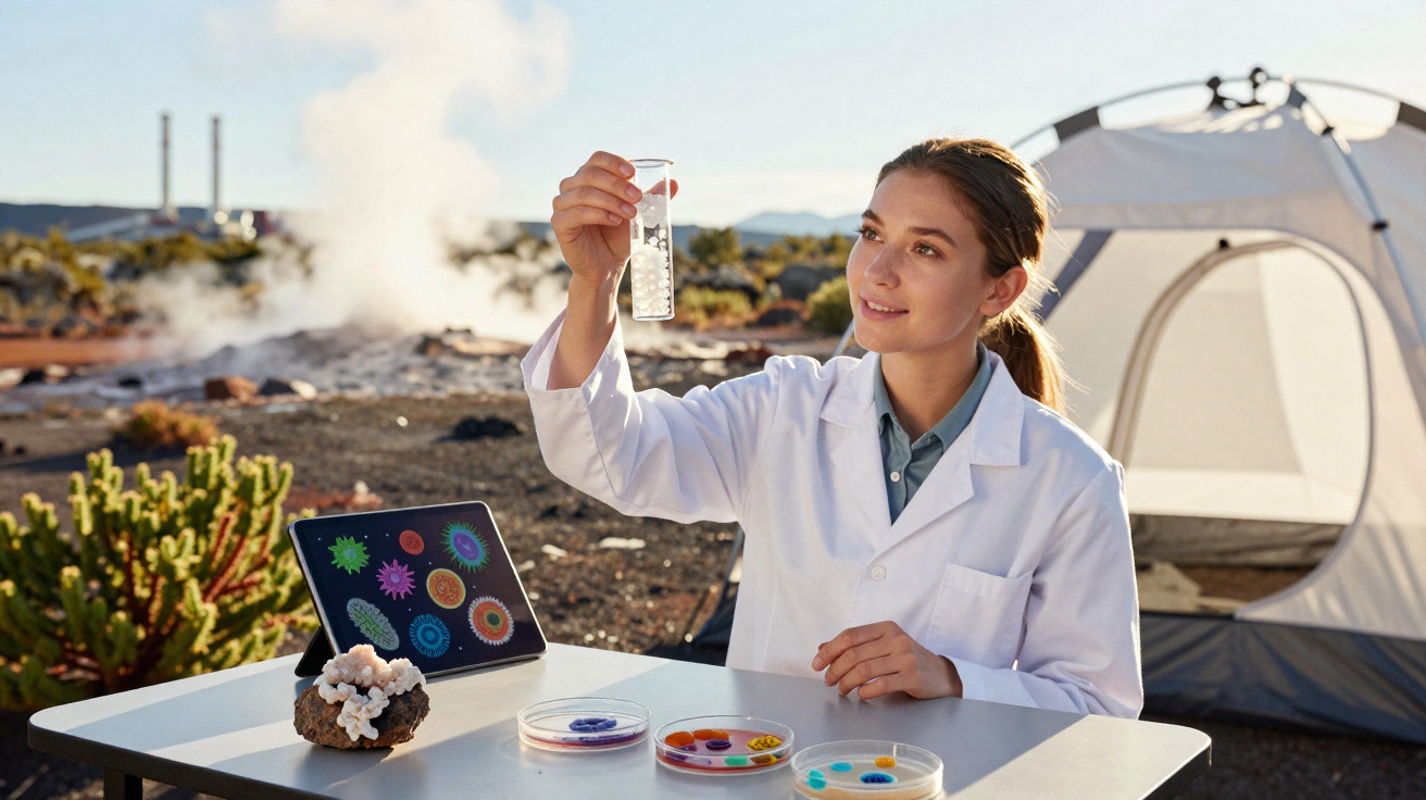 Mulher cientista em campo com jaleco, segurando tubo de ensaio e analisando amostra com petri-dishes e tablet.