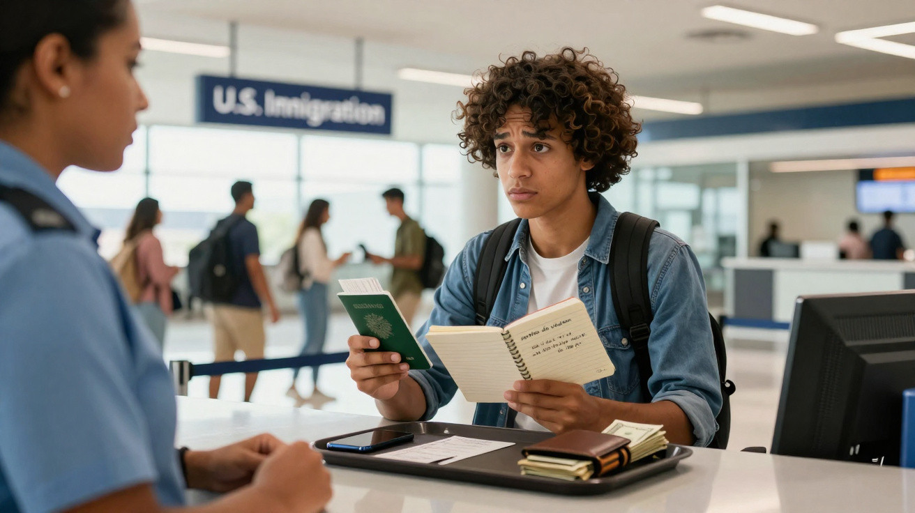 Jovem com passaporte e caderno na fila de imigração dos EUA em aeroporto, sendo atendido por oficial.