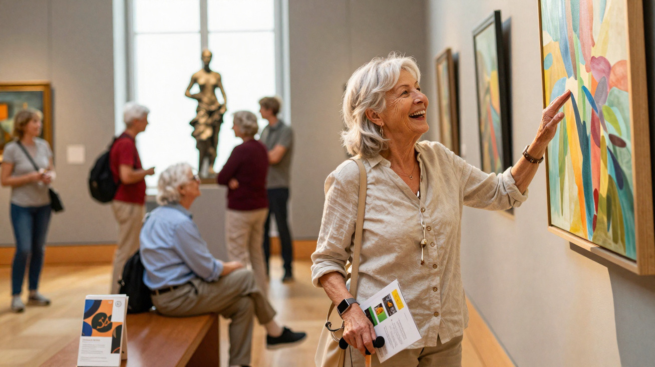 Mulher idosa sorridente observa quadro colorido em exposição de arte com outras pessoas ao fundo.
