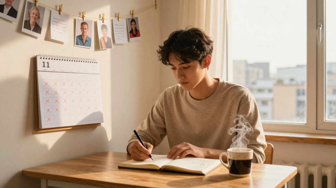 Jovem sentado à mesa escrevendo em caderno com xícaras de café fumegante ao lado e calendário na parede.