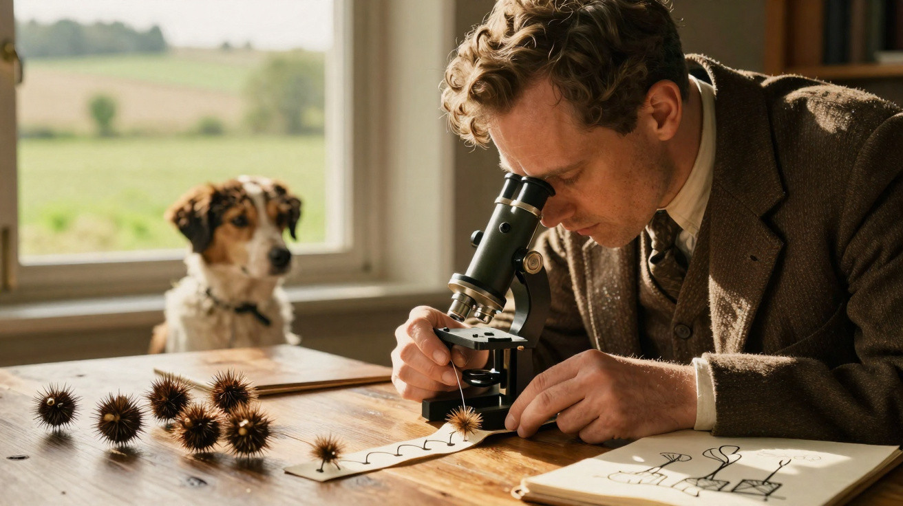 Homem analisa espécimes ao microscópio em mesa com desenhos, cão observa ao fundo perto da janela.