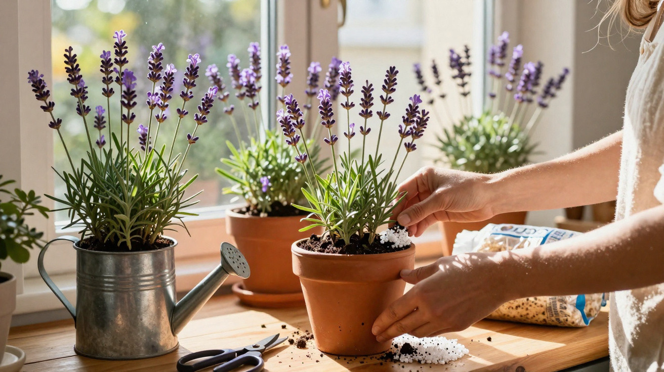 Pessoa cuidando de plantas de lavanda em vasos junto à janela ensolarada, com regador e tesoura na mesa.