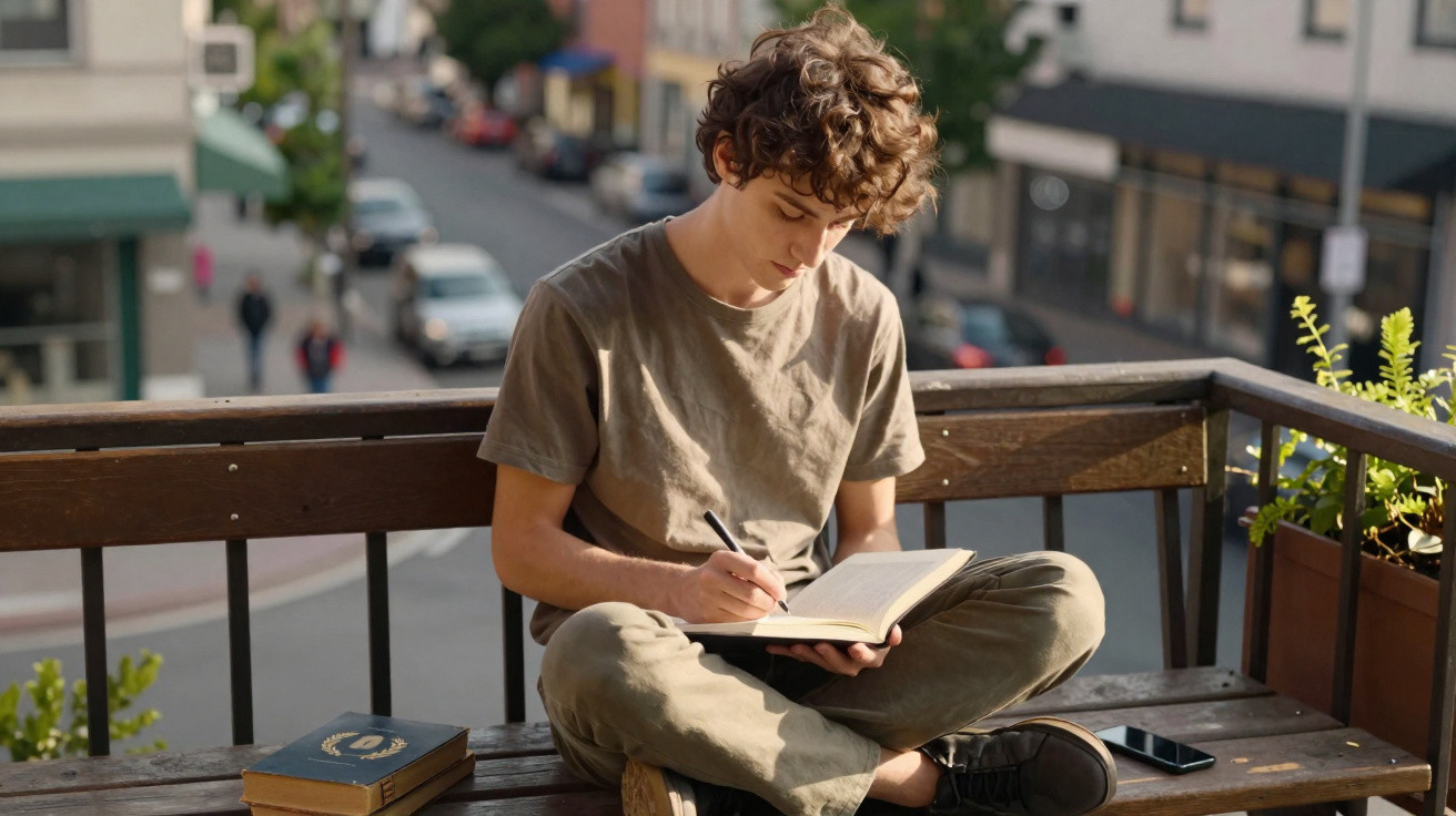 Jovem sentado em banco ao ar livre escrevendo em caderno, com livro e celular ao lado.