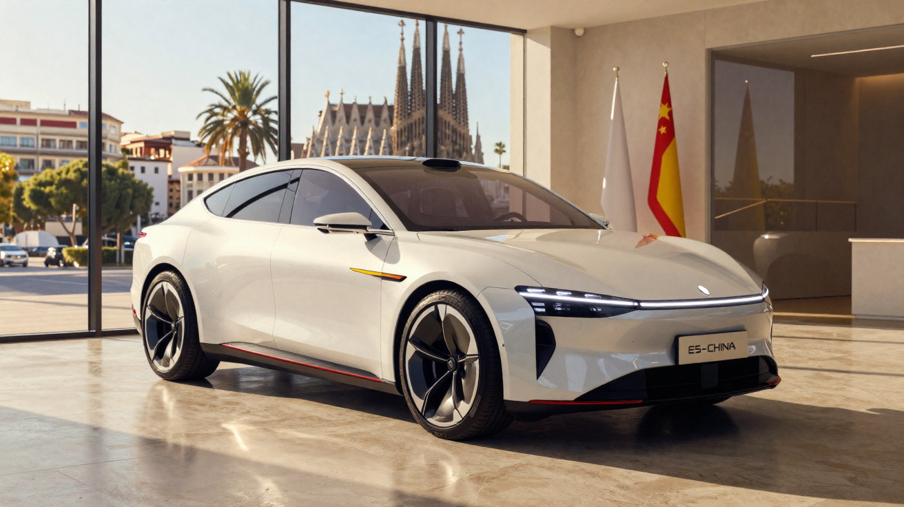 Carro elétrico branco ES-CHINA em showroom moderno com janelas grandes e bandeira da Espanha ao fundo.