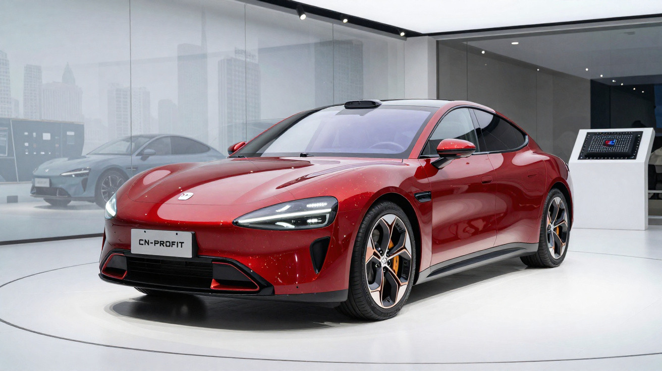 Carro esportivo elétrico vermelho modelo CN-Profit em exposição em ambiente moderno e iluminado.