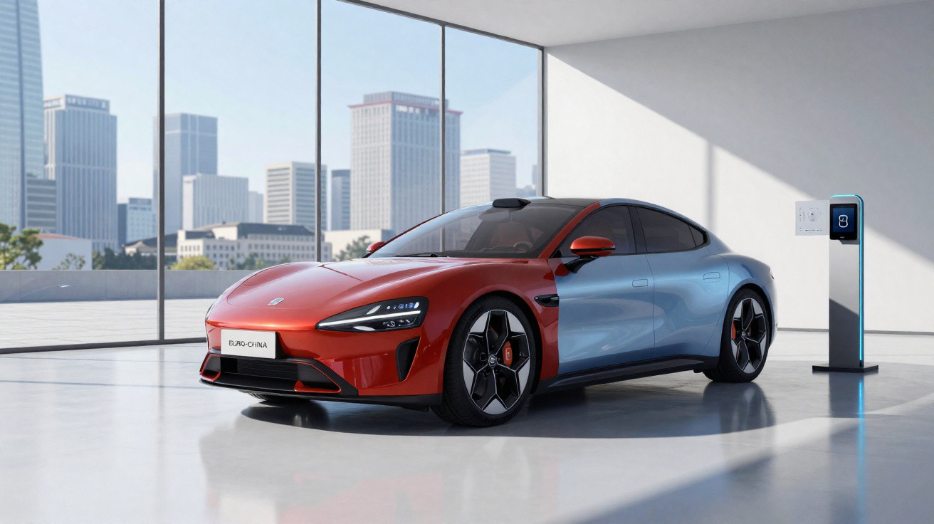 Carro elétrico esportivo bicolor estacionado ao lado de estação de recarga em ambiente moderno com vista urbana.