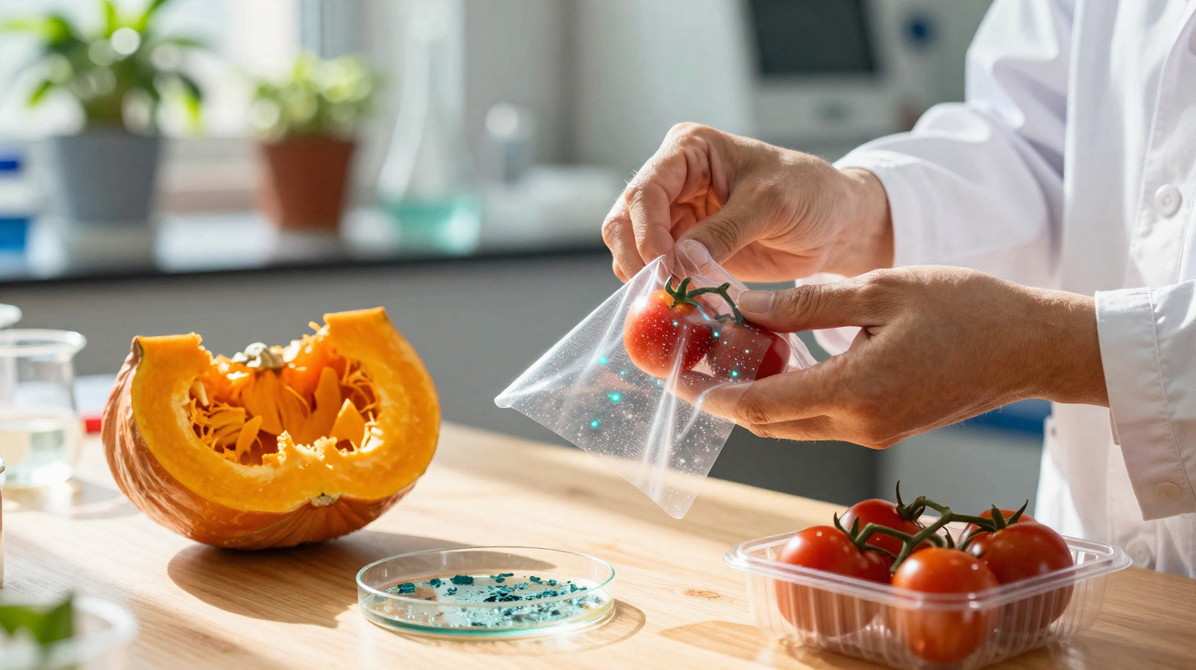 Mãos segurando tomate cereja em saco plástico transparente sobre mesa com abóbora e caixa de tomates.