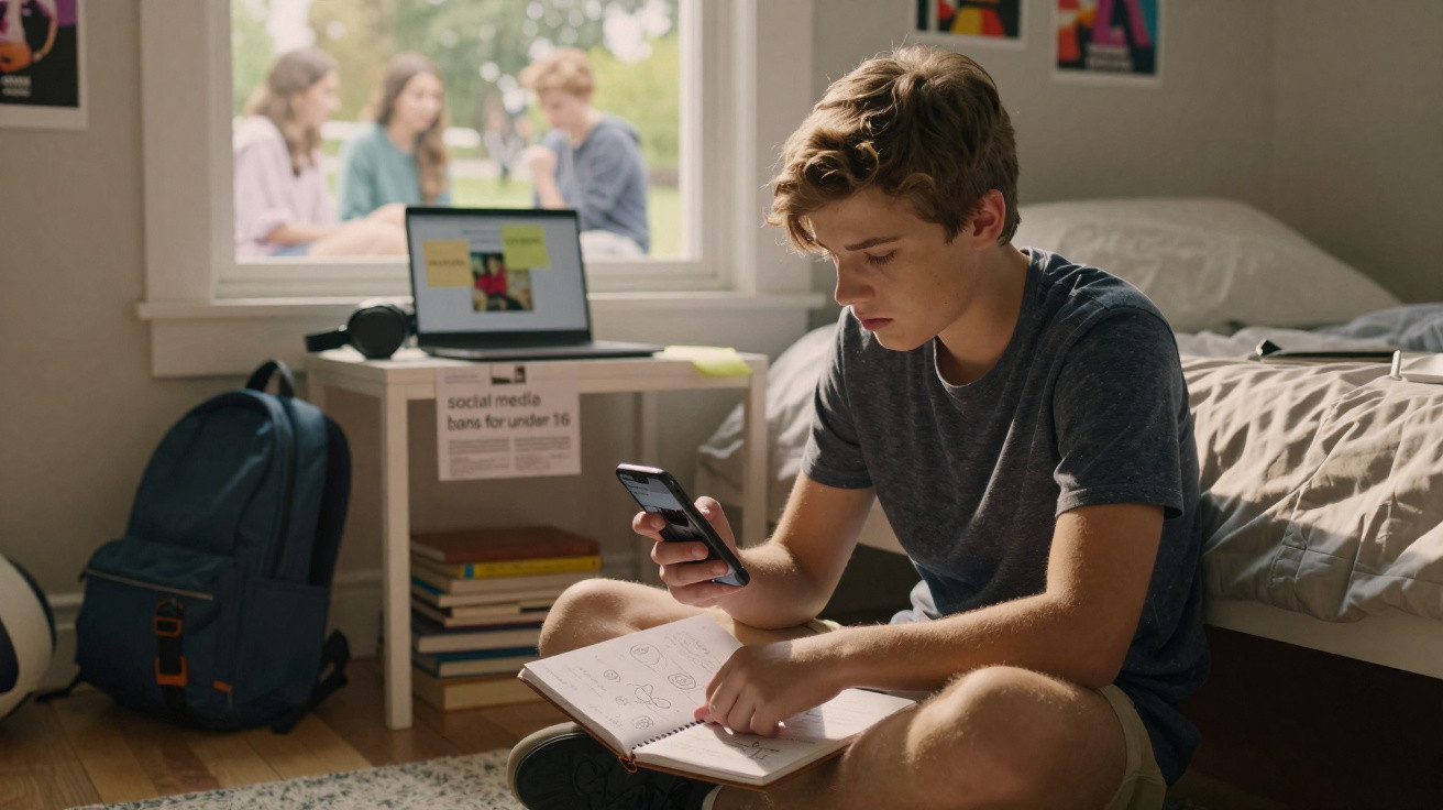 Adolescente sentado no chão do quarto, usando celular e caderno, com laptop e amigos ao fundo.
