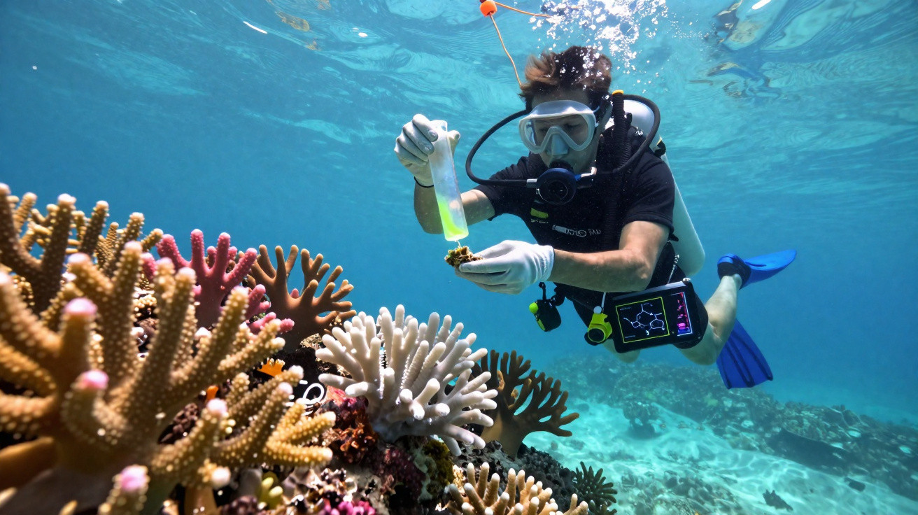 Mergulhador com equipamento coletando amostra de corais coloridos no fundo do mar transparente.