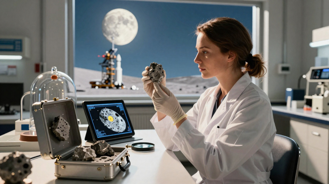Cientista em laboratório segurando e analisando uma rocha lunar com a Lua visível pela janela.