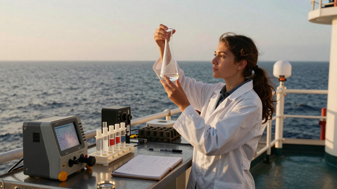 Mulher cientista em jaleco analisa amostra de água em frasco a bordo de embarcação no mar.
