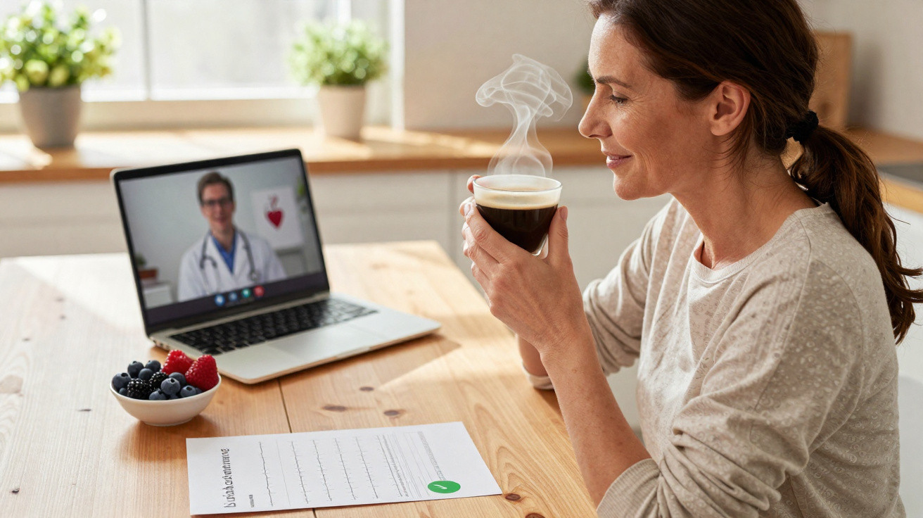 Mulher segura xícara de café quente durante consulta médica online em laptop, com frutas e prescrição na mesa.