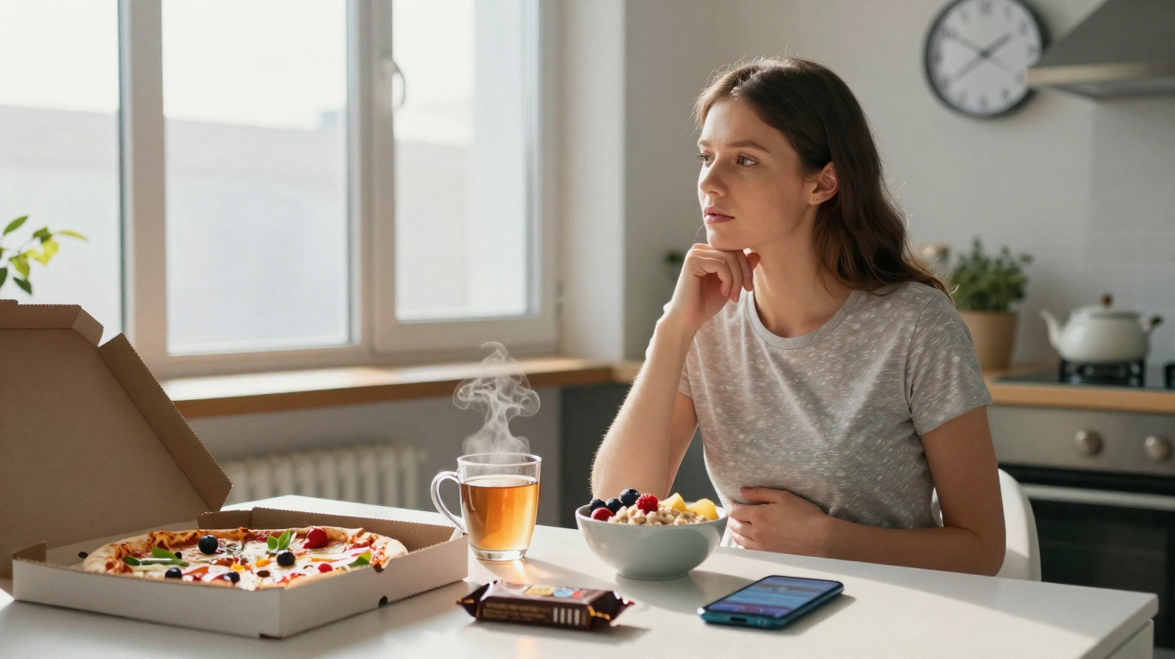 Mulher pensativa sentada à mesa com pizza, chá quente, frutas e celular em cozinha iluminada.