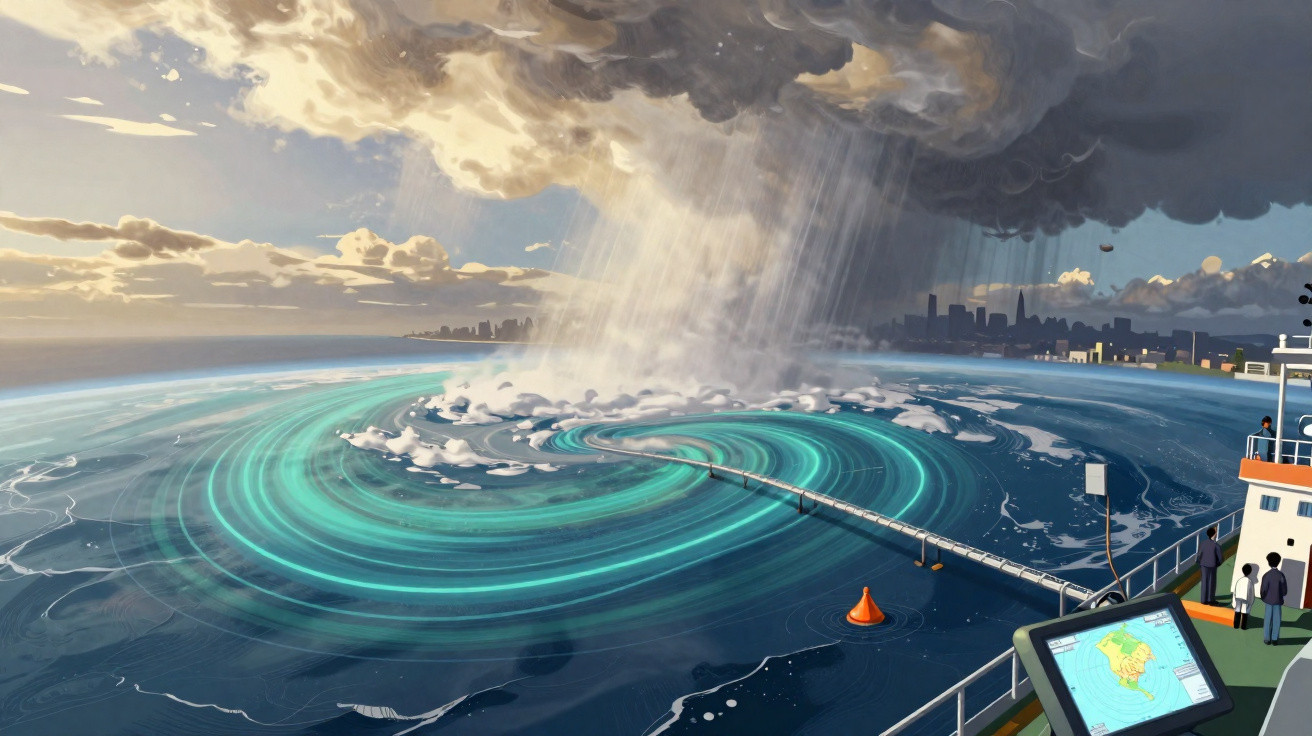 Imagem digital de um redemoinho gigante no mar com chuva intensa próximo a uma cidade.