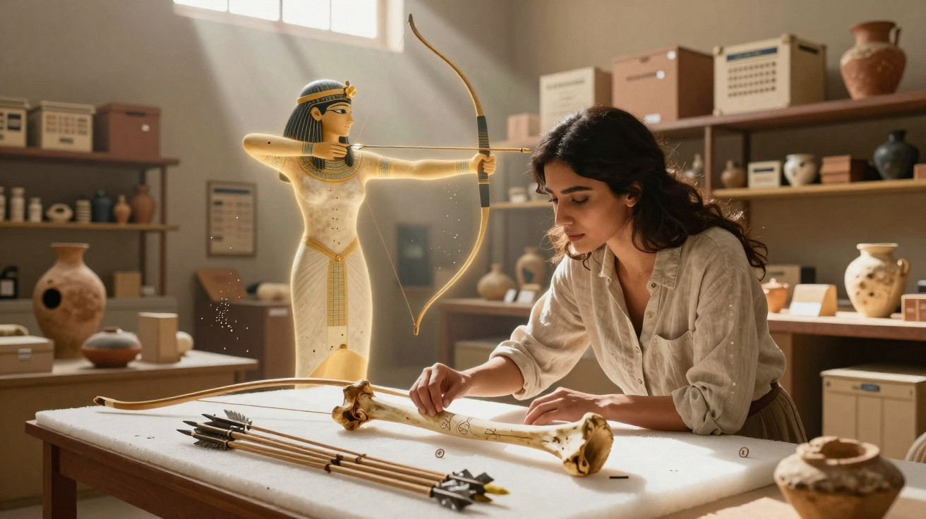 Mulher analisando ossos em laboratório arqueológico com imagem holográfica de arqueira egípcia ao fundo.