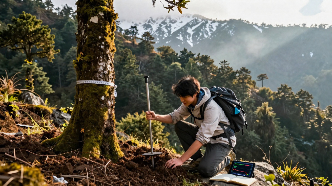 Pesquisador coleta amostras no solo de floresta montanhosa com neve ao fundo e equipamentos científicos.