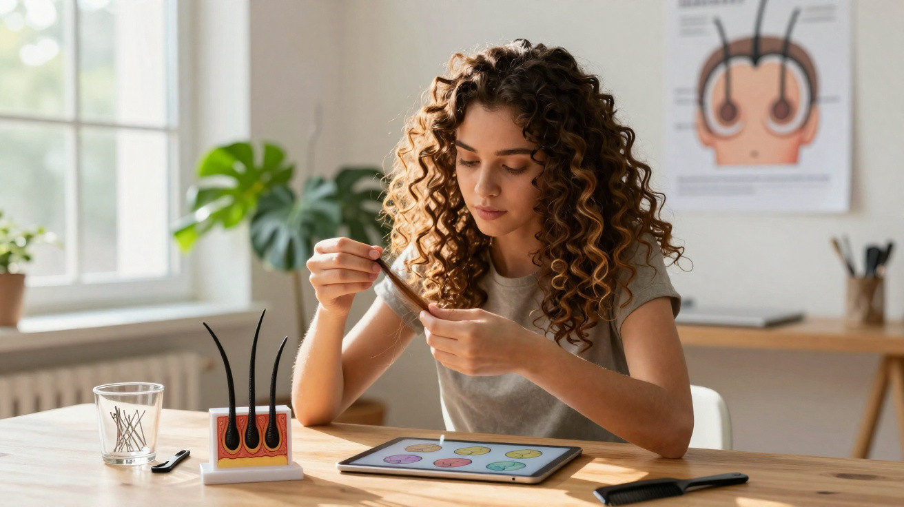 Jovem analisando fio de cabelo simulando estudo capilar com tablet e modelo de raiz de cabelo na mesa.