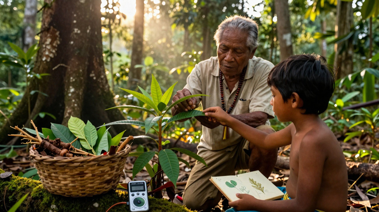 Idoso e criança indígenas observam planta na floresta, com cesta de plantas e livro de desenhos botânicos ao lado.