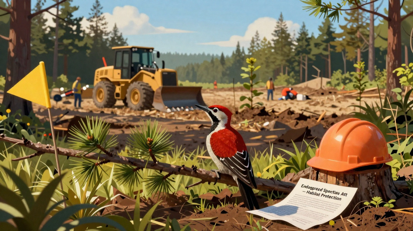 Pássaro vermelho em área desmatada com maquinário e trabalhadores, capacete e aviso de proteção ambiental.