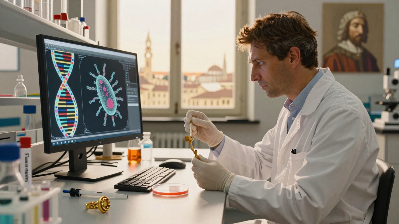 Cientista em jaleco analisa amostra biológica no laboratório com imagens de DNA e vírus na tela do computador.