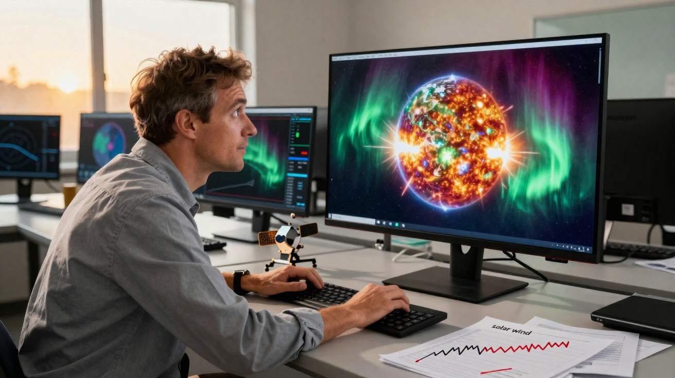 Homem analisando simulação colorida do sol em computador com gráficos científicos na mesa.