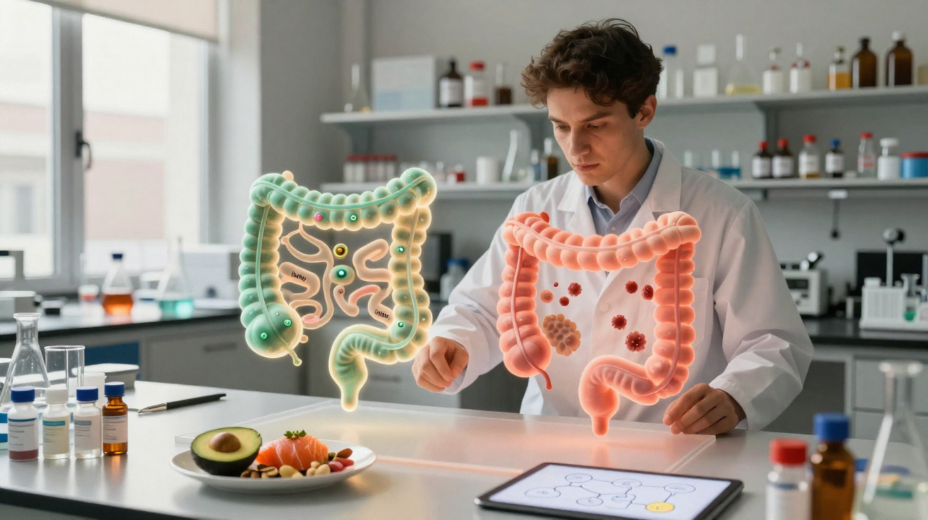 Cientista em laboratório analisando modelos holográficos de intestinos saudável e inflamado.