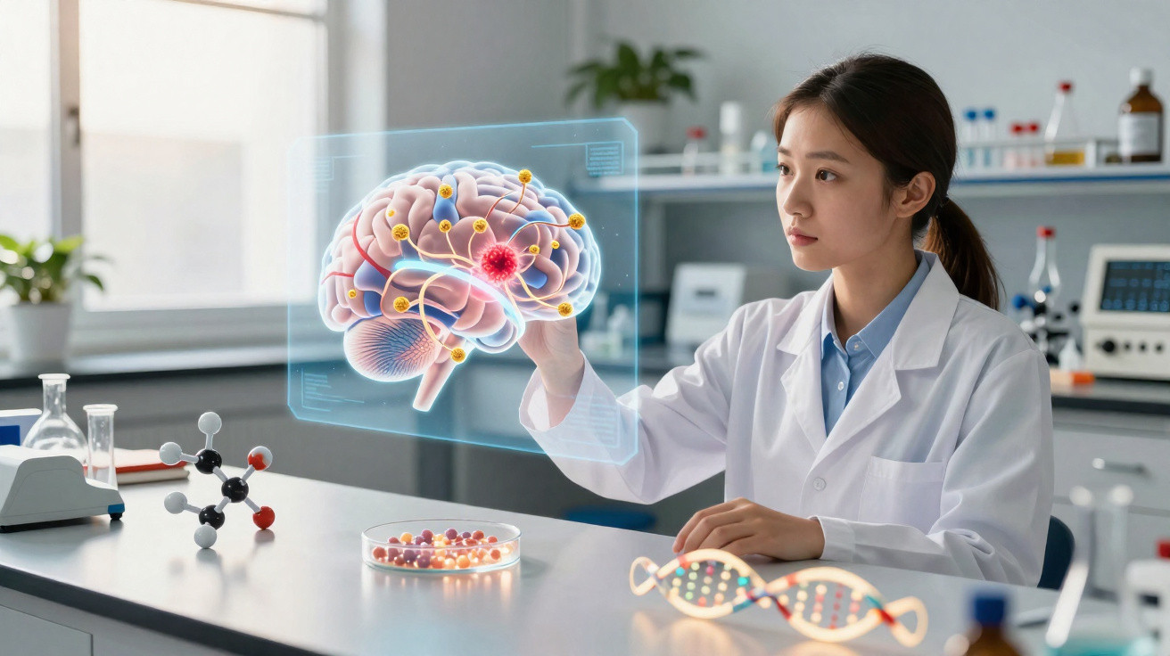 Pesquisadora em laboratório analisando imagem holográfica do cérebro com conexões neurais coloridas.
