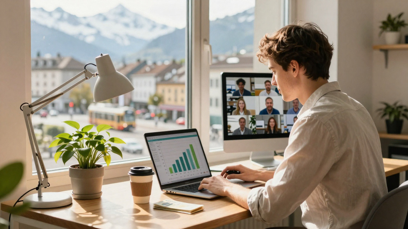 Homem trabalhando em home office com laptop e reunião virtual, vista para montanhas ao fundo.