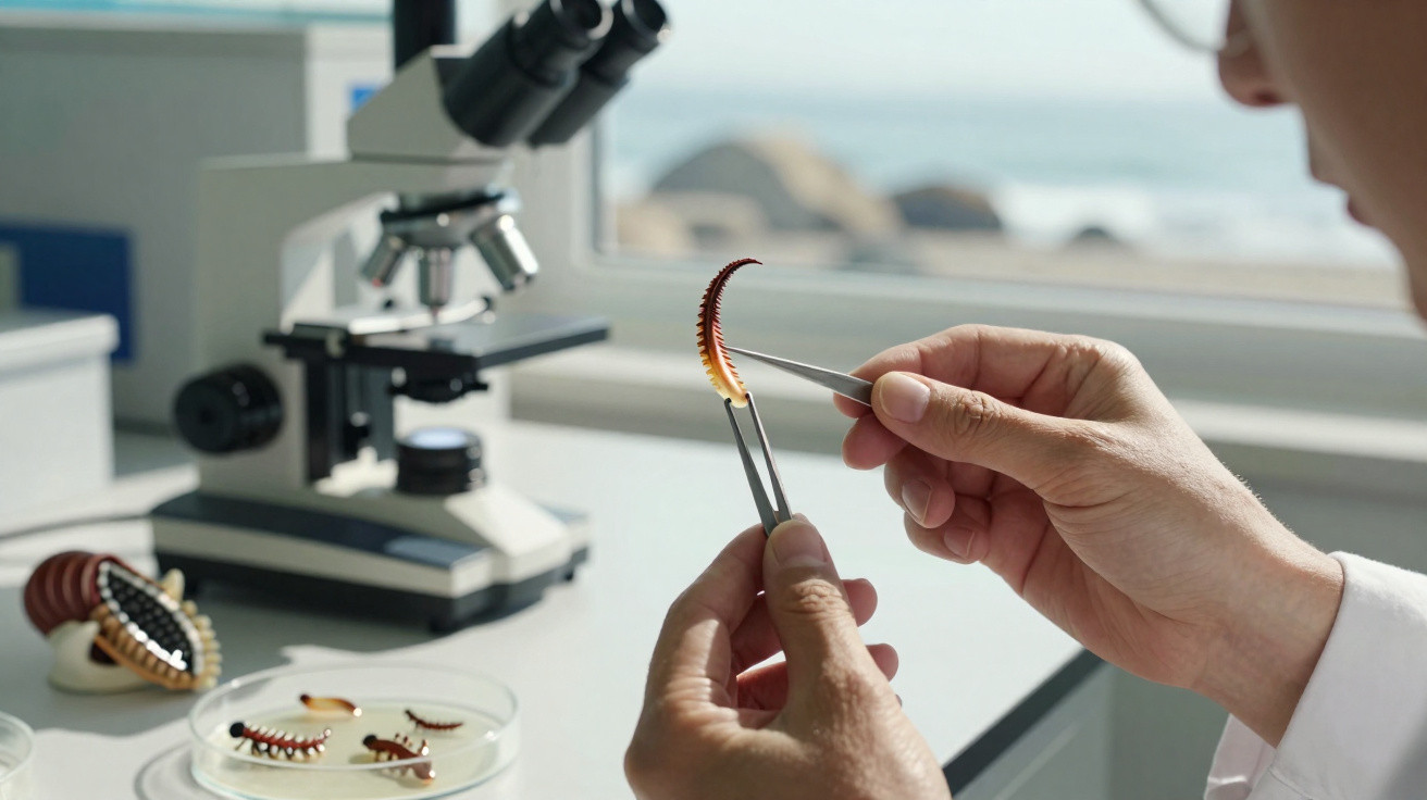 Pesquisador manuseando com pinças uma pequena peça marrom com detalhes vermelhos em laboratório com microscópio ao fundo.