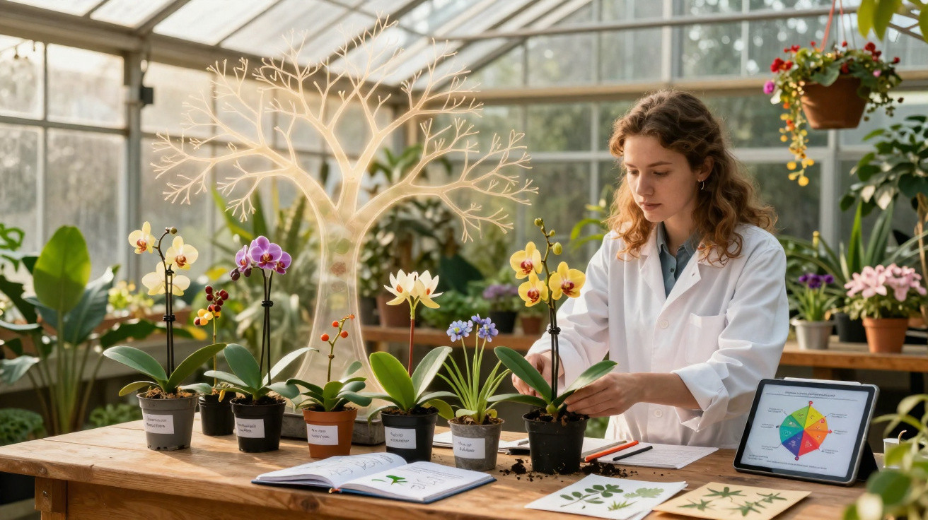Mulher cientista em estufa cuidando de orquídeas com plantas e tablet ao redor.