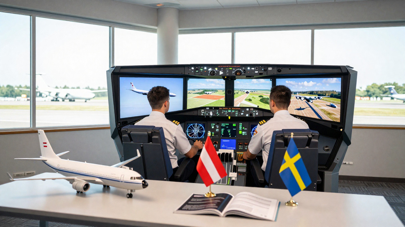Dois pilotos operam simulador de voo com três telas em sala com janelas para pista de avião.