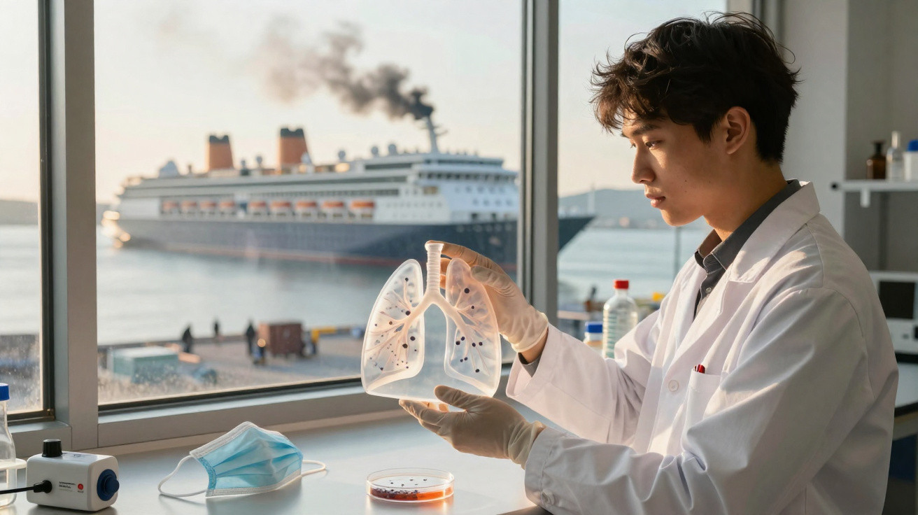 Homem de jaleco analisa modelo transparente de pulmões em laboratório com navio ao fundo.