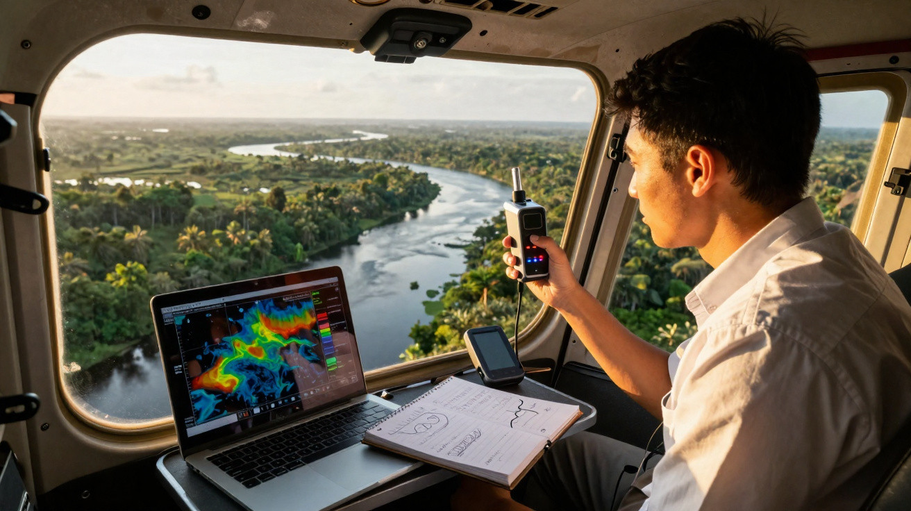 Homem em avião com rádio, laptop e caderno observa rio e vegetação pela janela durante o dia.