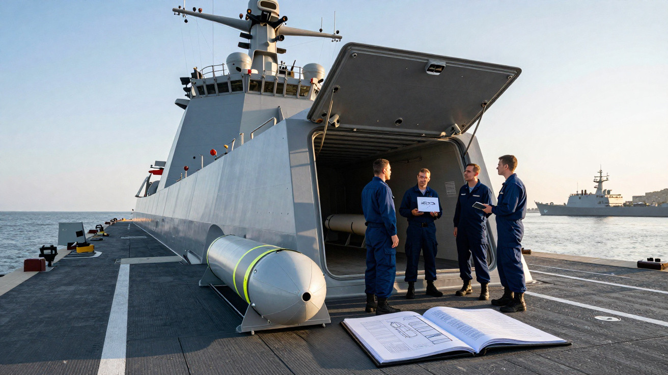 Quatro militares em uniformes azuis conversam próximo a torpedo e livro aberto em navio militar no mar.