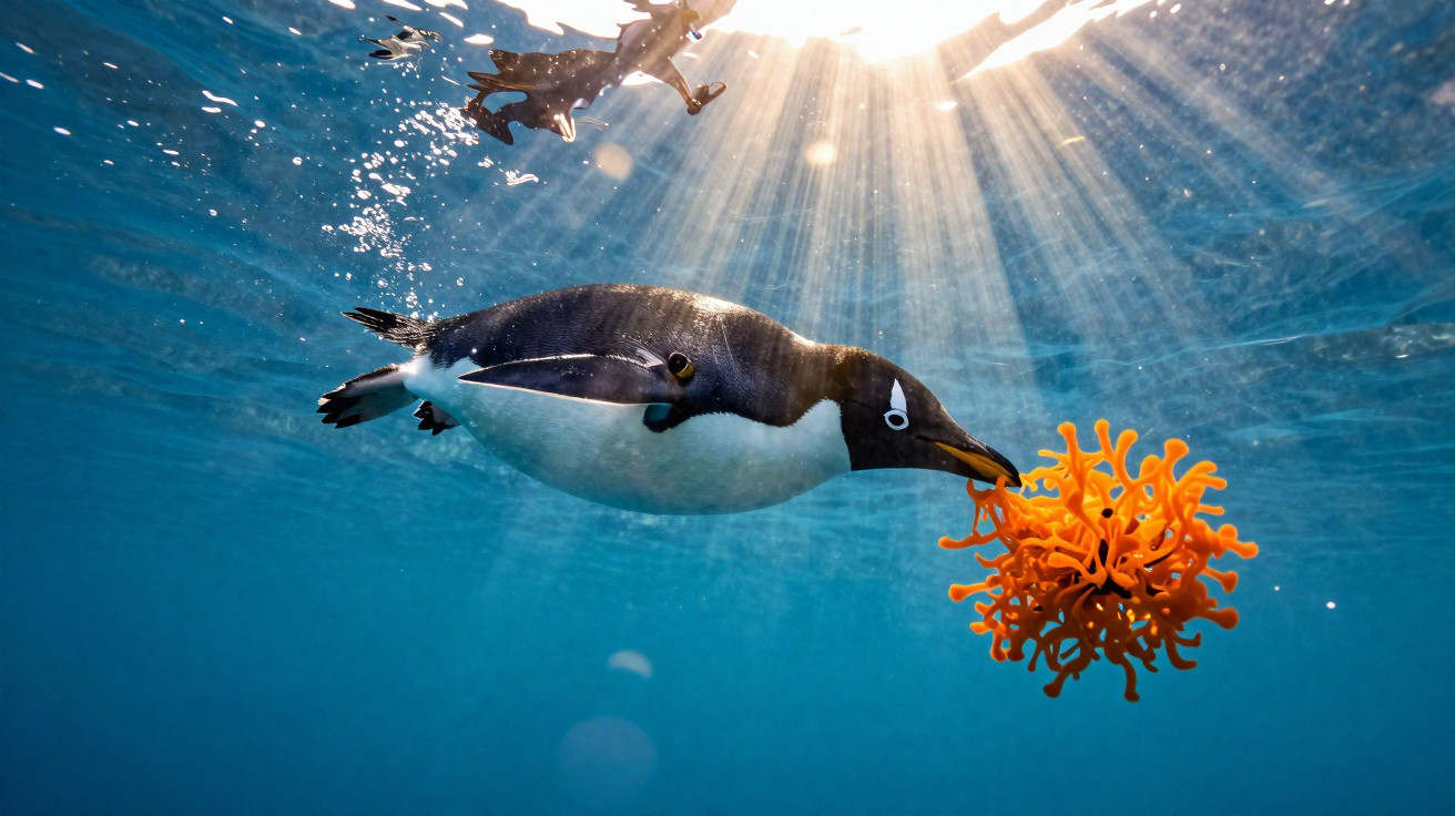 Pinguim mergulhando na água azul tocando um coral laranja com luz do sol entrando no mar.