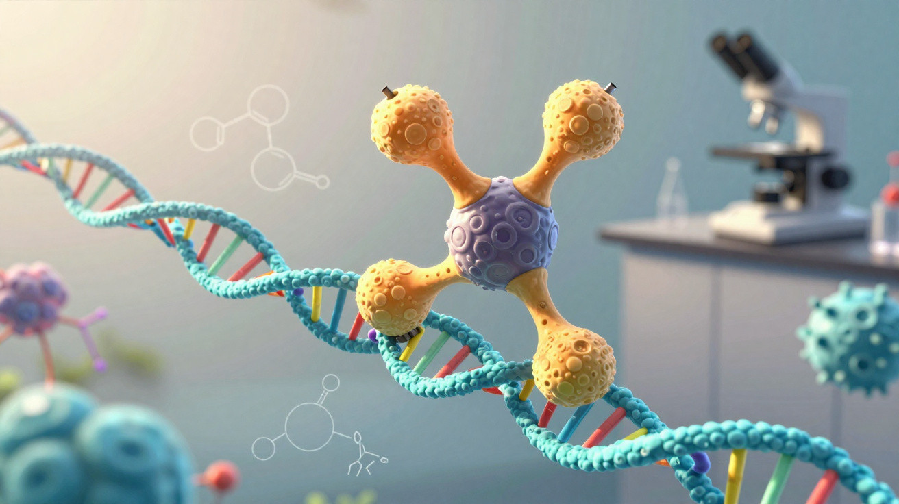 Molécula abstrata conectada a uma hélice de DNA em ambiente de laboratório com microscópio ao fundo.