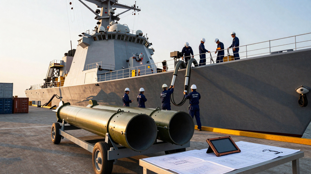 Militares com capacetes trabalhando no convés de navio de guerra próximo a torpedos e documentos sobre mesa.