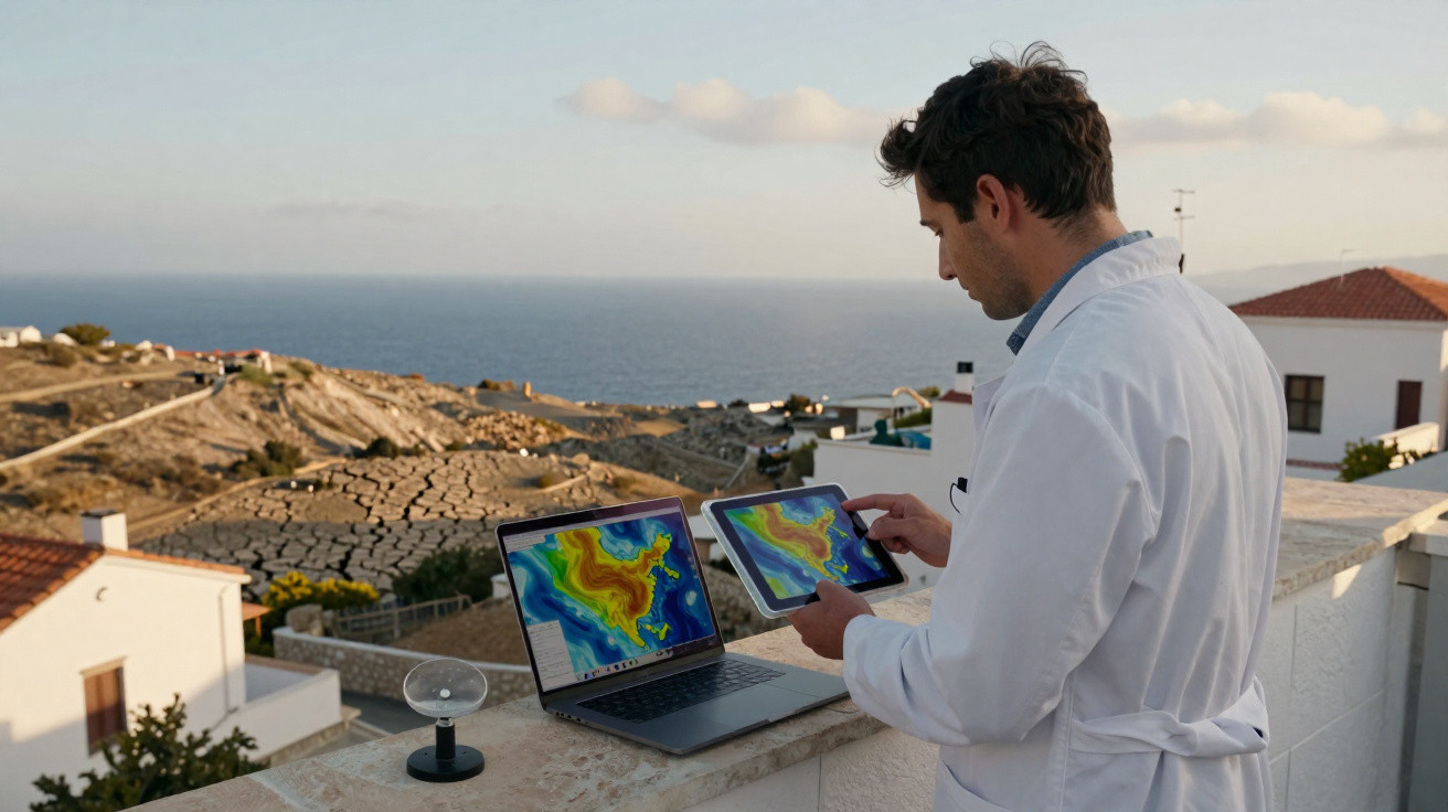 Cientista em jaleco analisa mapas climáticos coloridos em laptop e tablet em área externa com vista para o mar.