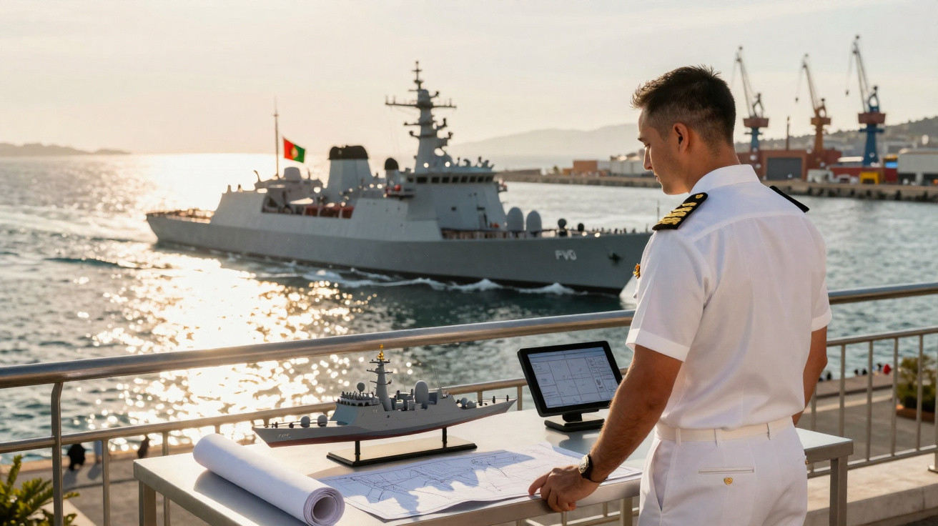 Militar branco em uniforme observa navio de guerra ancorado enquanto analisa maquete e plantas na mesa à beira-mar.