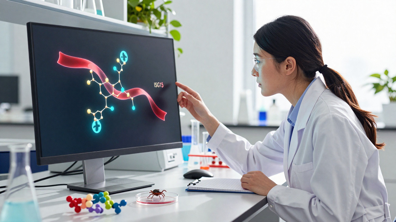 Mulher cientista em jaleco observa modelo molecular na tela do computador em laboratório.